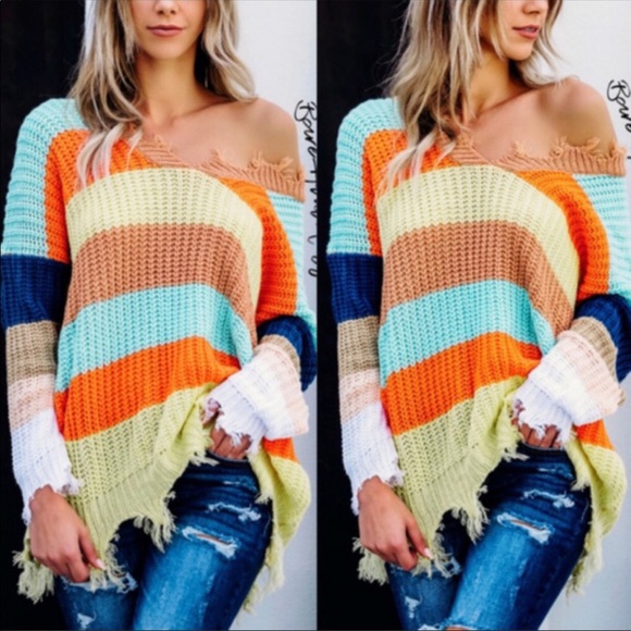 💚Last One❤️Multi-ColorDistressed V-Neck Sweater🧡 - Picture 3 of 4